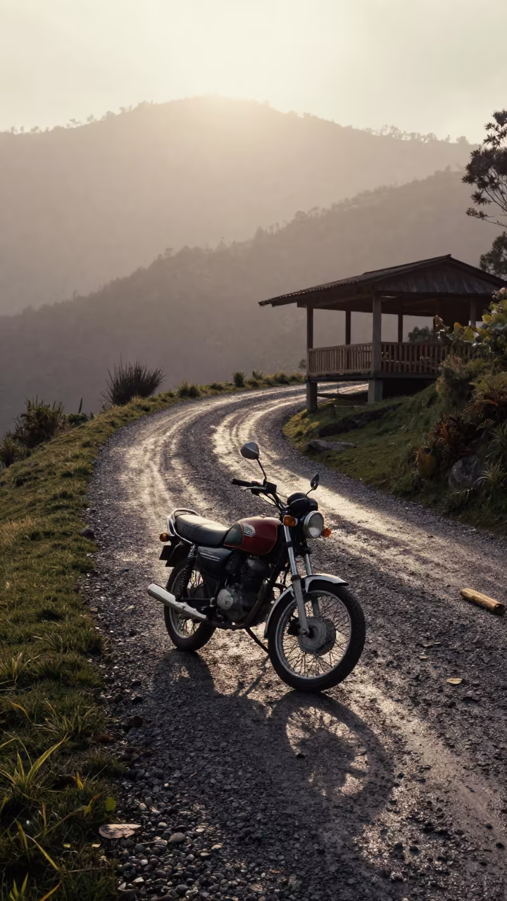 Misty Dawn Motorcycle at Mountain Teahouse Switchback in along a switchback approach near Bogotá