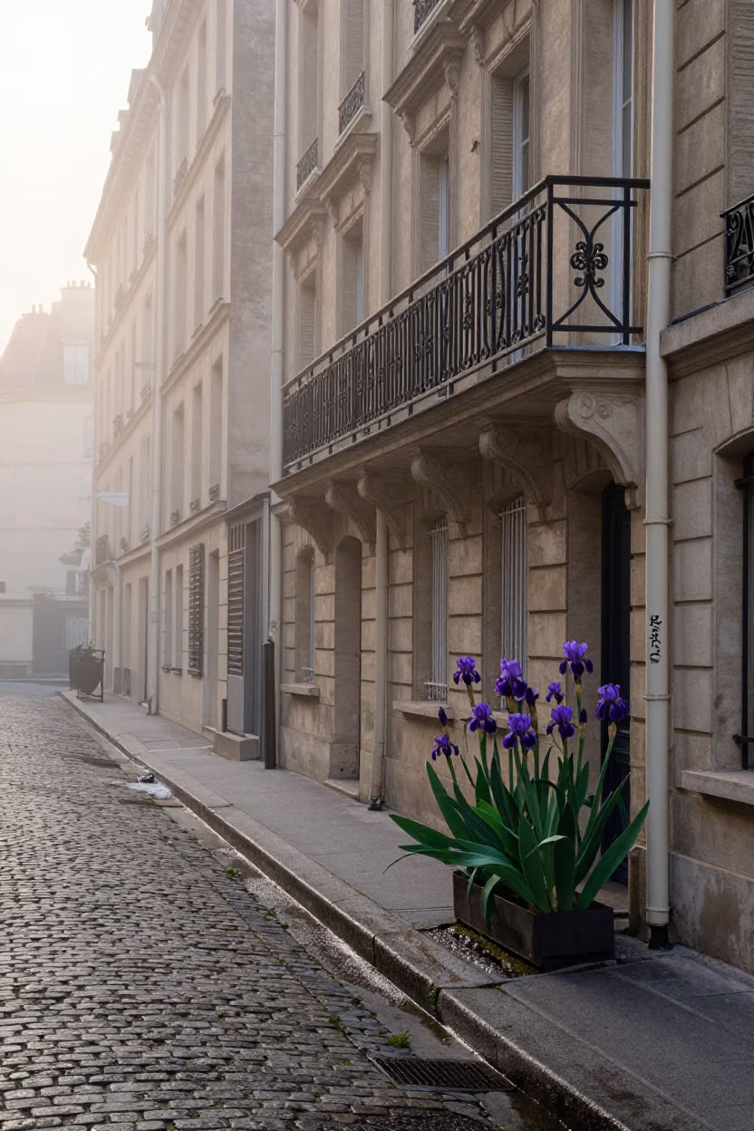 Misty Dawn on Parisian Cobblestones with Iris Blossoms and Iron Railings in in Paris, France