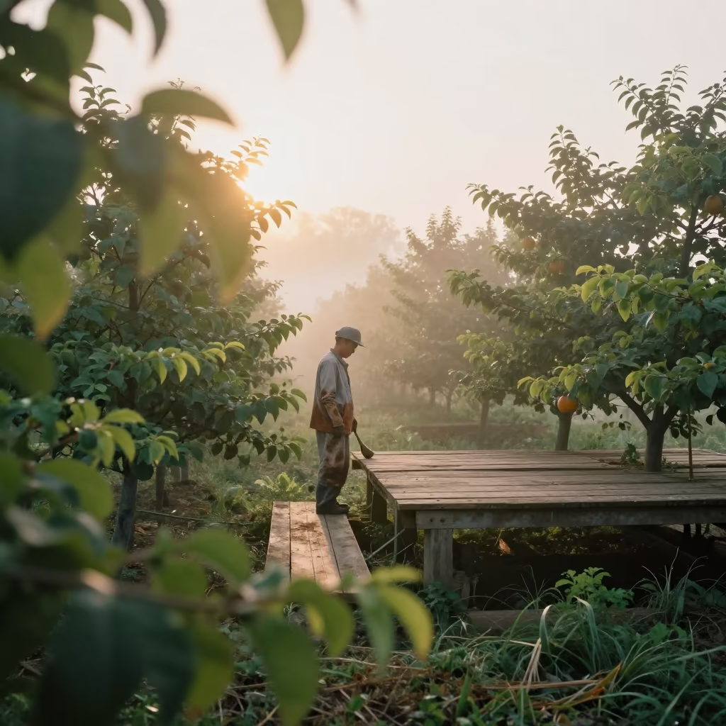 Misty Dawn Orchard Worker Near Gaya in near Gaya