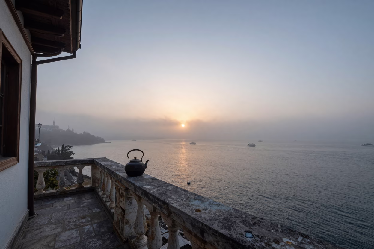 Misty Dawn Over Izmir Bay with Traditional Kettle on Stone Balcony in in Izmir, Turkey