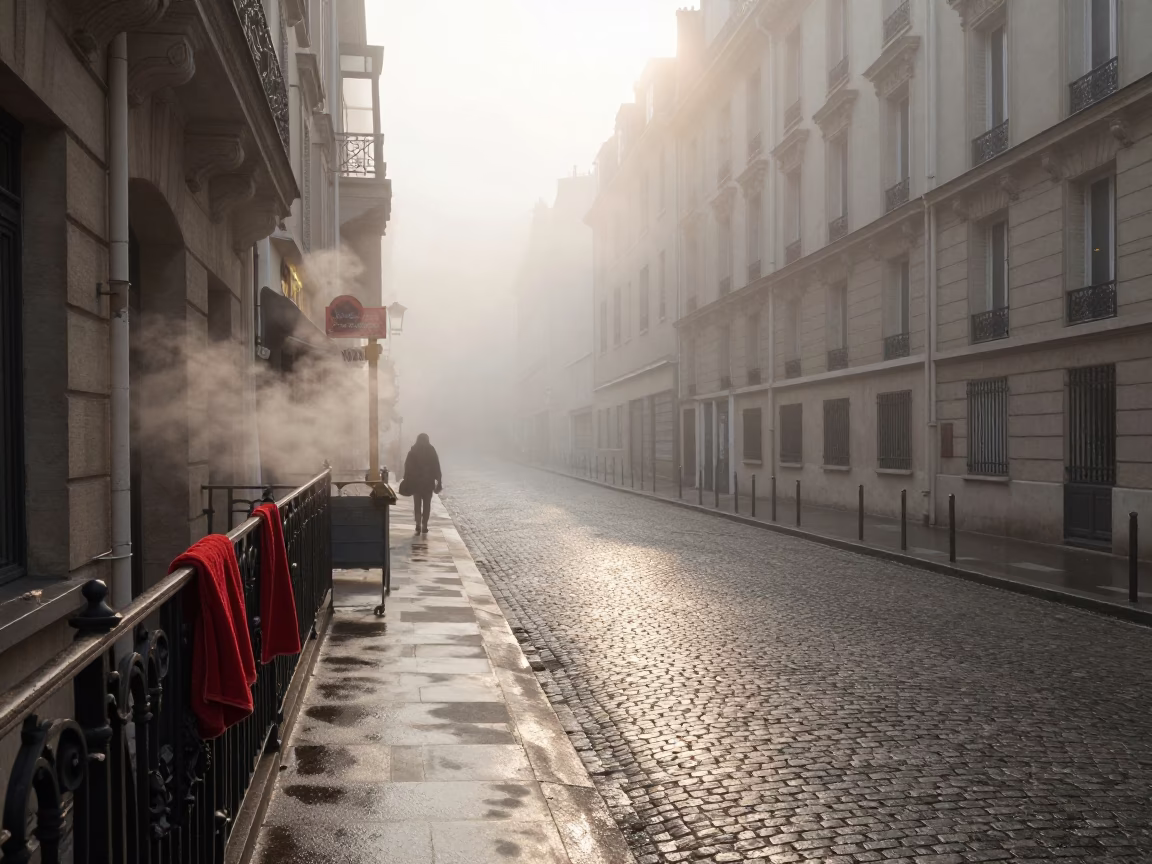 Misty Dawn Paris Street Scene with Drying Towel and Scarf in in Paris, France