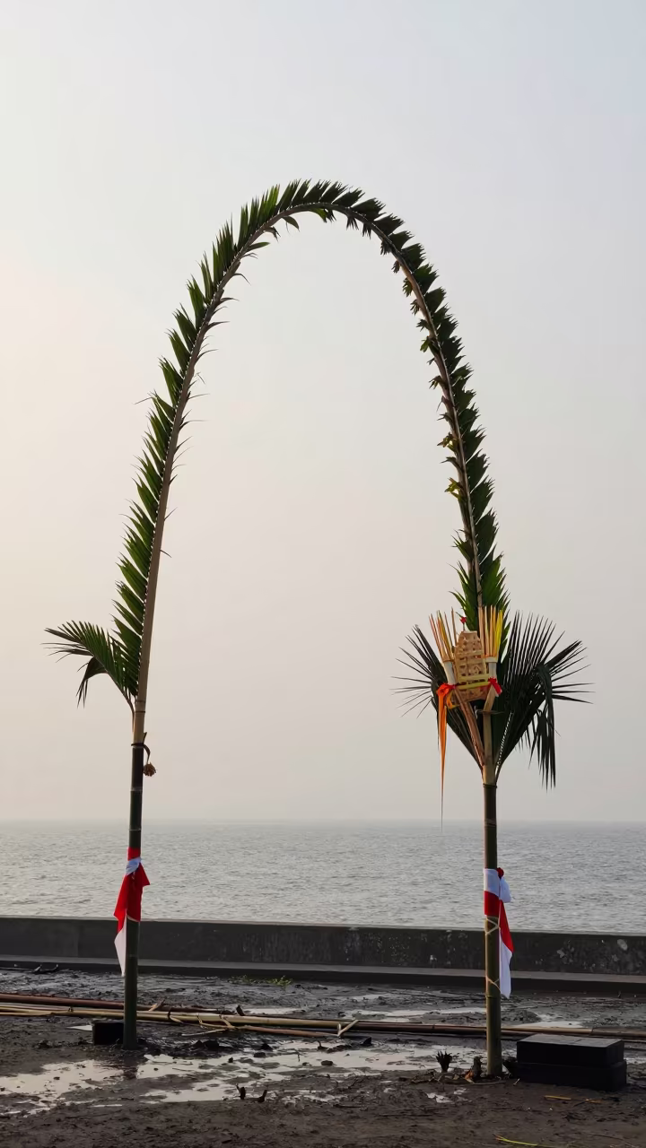 Misty Dawn Penjor Bamboo Poles Jakarta Waterfront in at a waterfront celebration near Jakarta