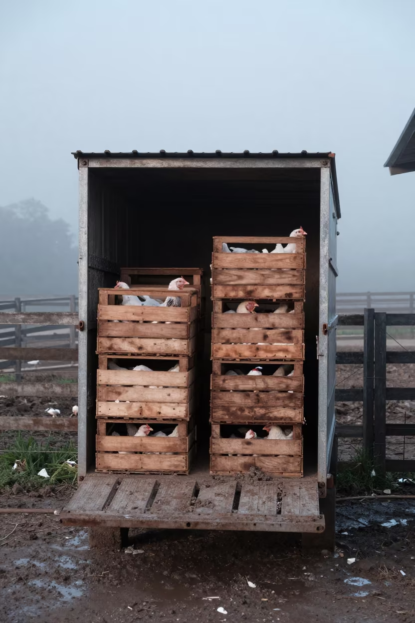 Misty Dawn at Poultry Processing Dock in along a muddy paddock fence in Mexico