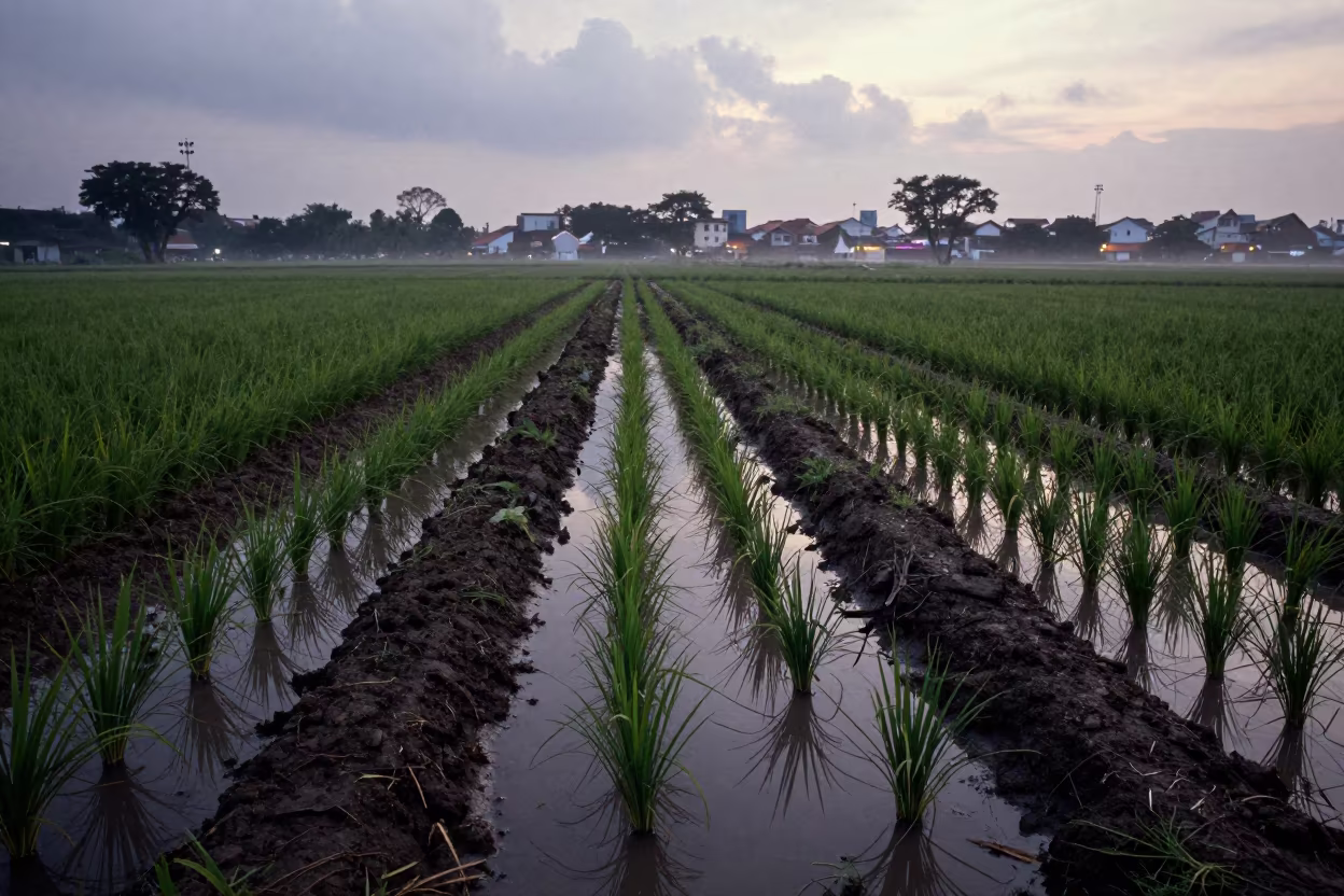 Misty Dawn Rice Paddy in Chinatown Singapore in along freshly irrigated rows in Chinatown, Singapore