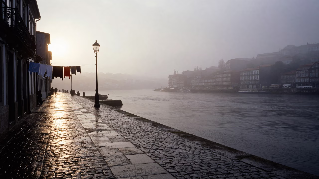 Misty Dawn Riverfront With Drying Laundry And Cobblestone Walkway in in Porto, Portugal