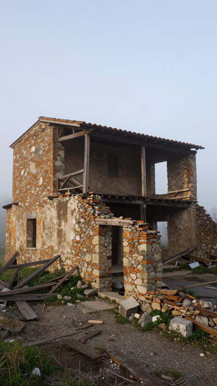 Misty Dawn Ruins of Tuscan Stone Saloon in among roofless stone chambers in Tuscany