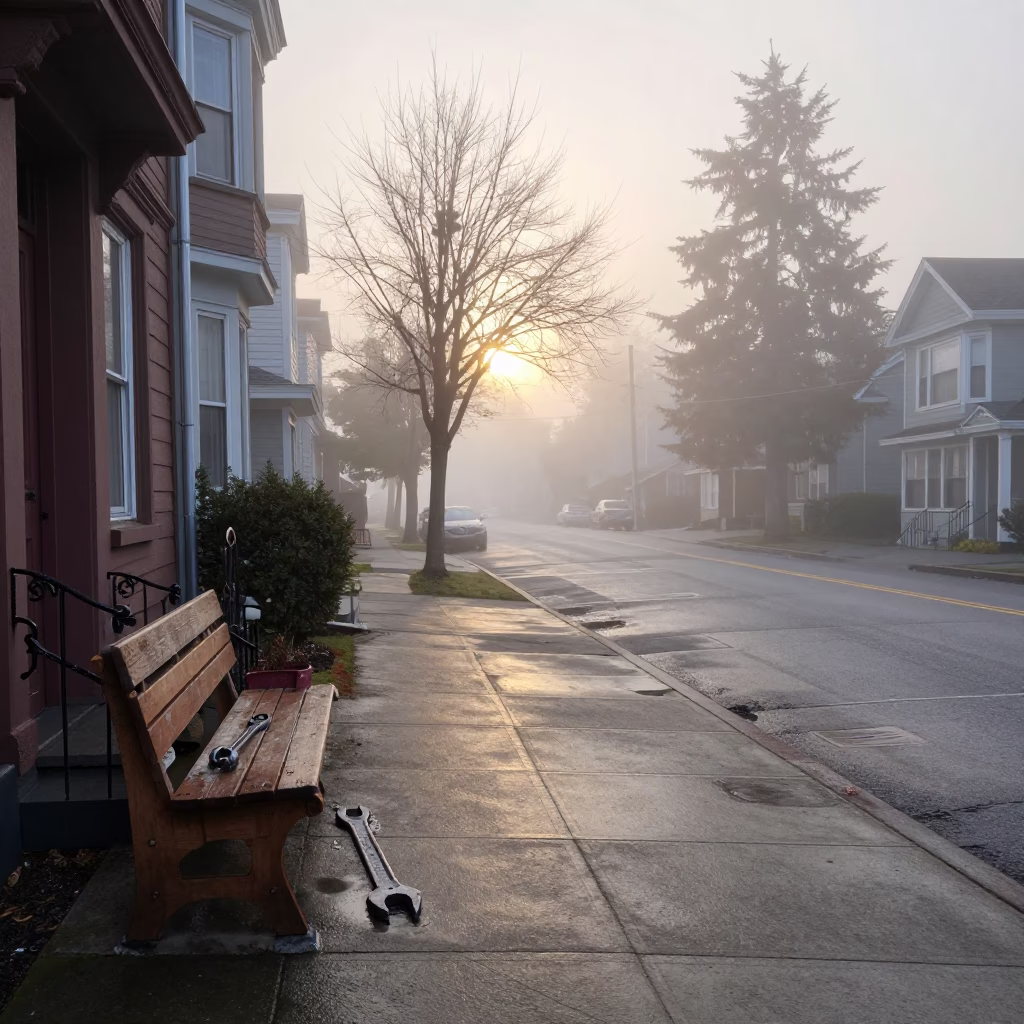 Misty Dawn Seattle Street Scene With Vintage Wrench And Workbench in in Seattle, Washington, United States