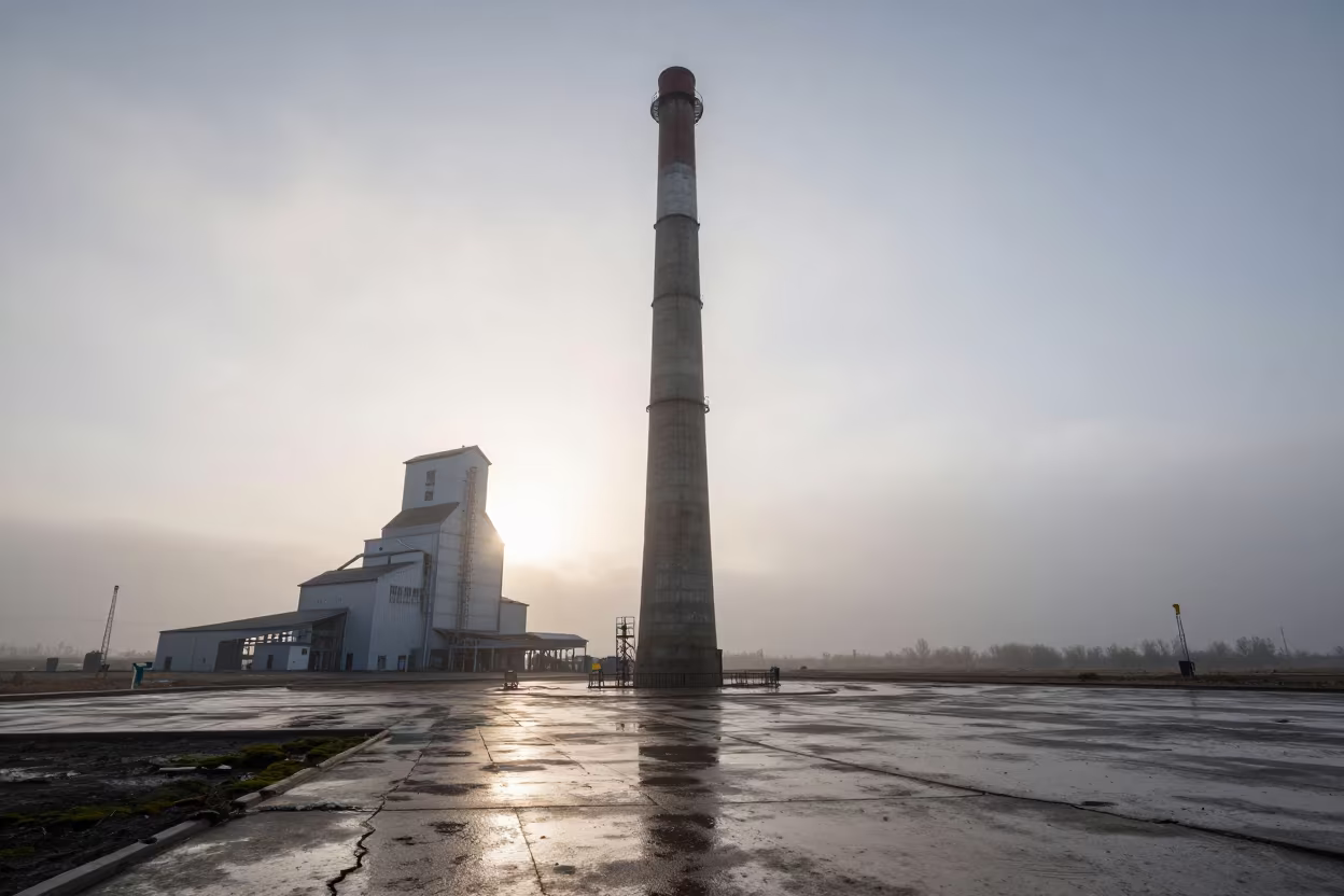 Misty Dawn Smokestack Bokhtar Grain Elevator in inside a grain elevator near Bokhtar