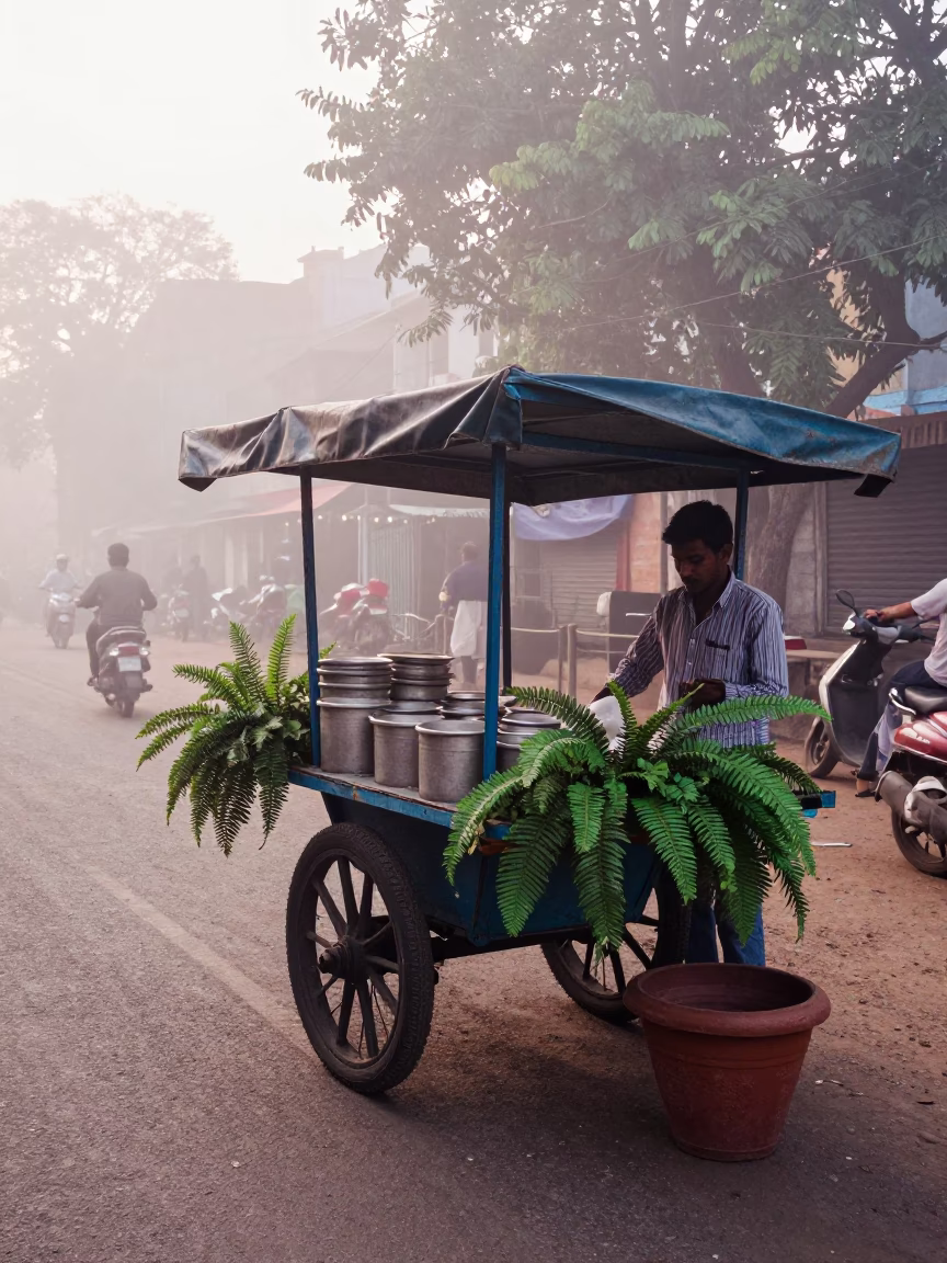 Misty Dawn Street Corner in Hyderabad India with Vendor and Fern in in Hyderabad, India