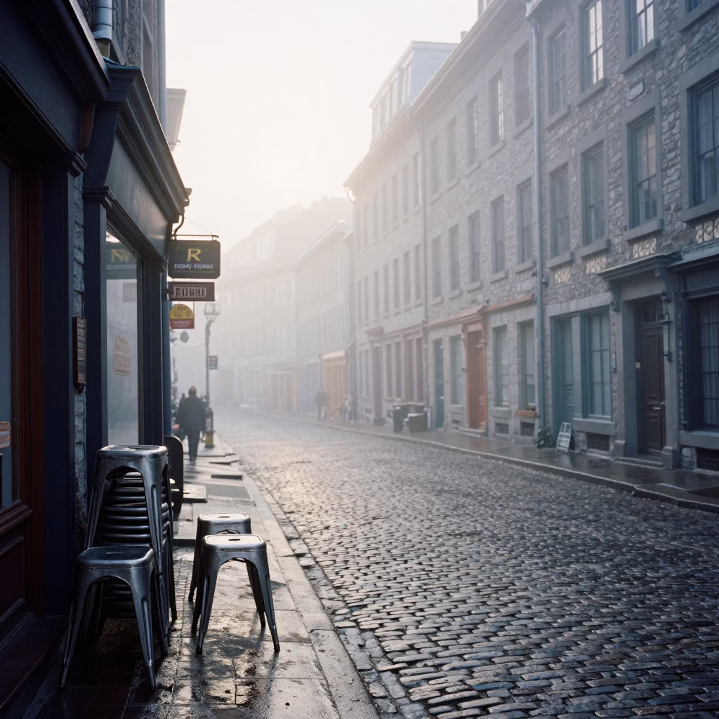 Misty Dawn Street Corner in Montreal Quebec with Metal Stools in in Montreal, Quebec, Canada
