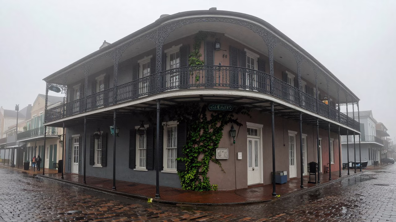 Misty Dawn Street Corner in New Orleans Louisiana with Vintage Details in in New Orleans, Louisiana, United States