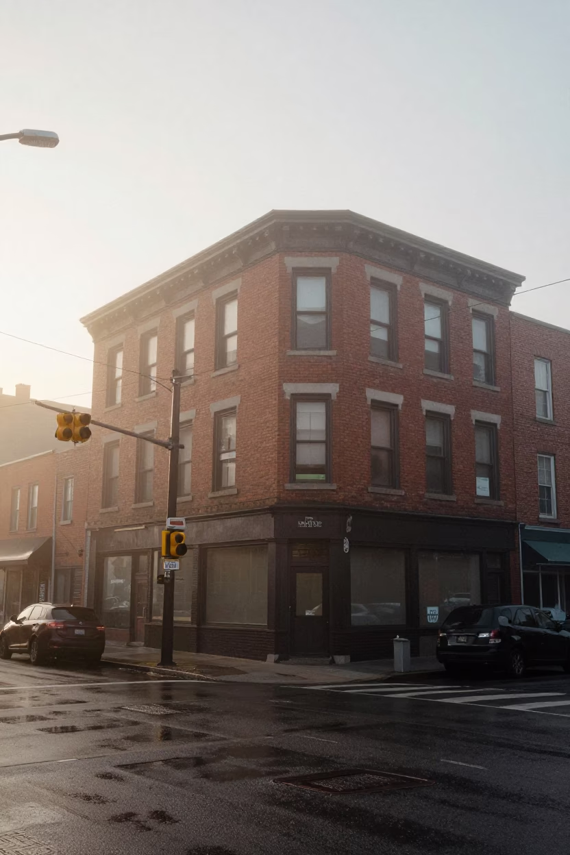 Misty Dawn Street Corner in Toronto with Red Brick and Wet Asphalt in in Toronto, Ontario, Canada