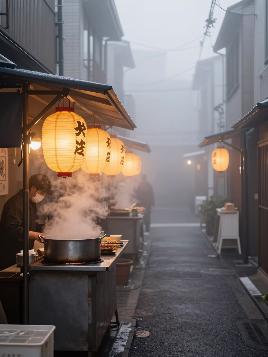 Misty dawn street food stall with condensation and warm light in Tokyo in in Tokyo, Japan
