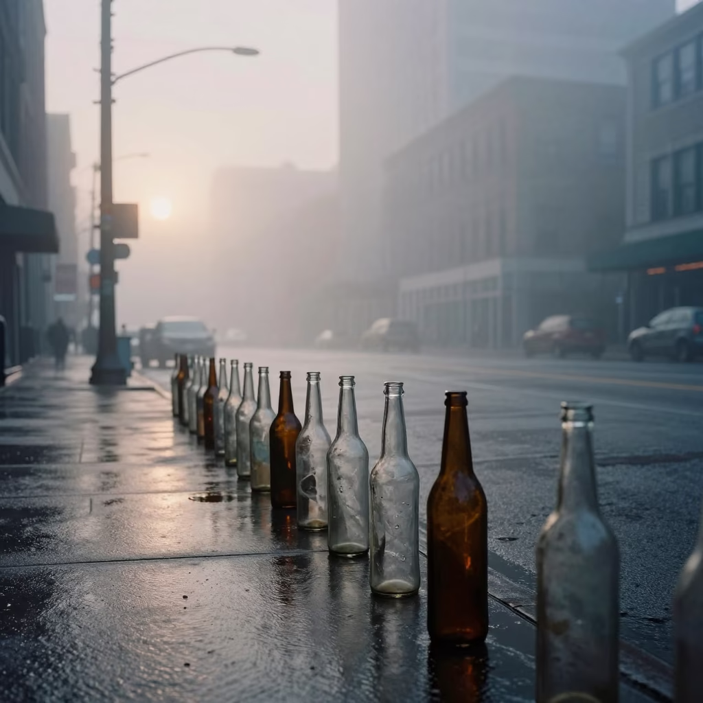 Misty Dawn Street Scene Chicago Illinois with Vintage Glass Bottles in in Chicago, Illinois, United States