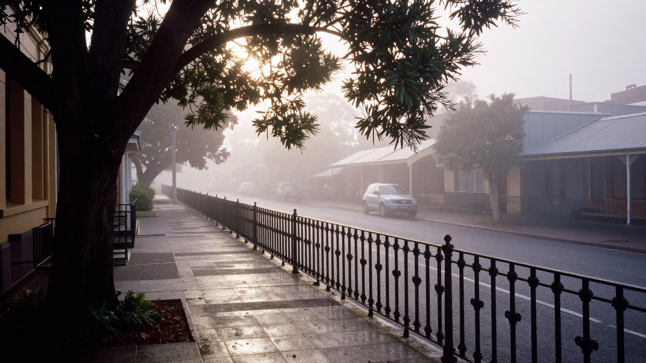 Misty Dawn Street Scene in Adelaide with Tea Infuser Spoon in in Adelaide, South Australia, Australia