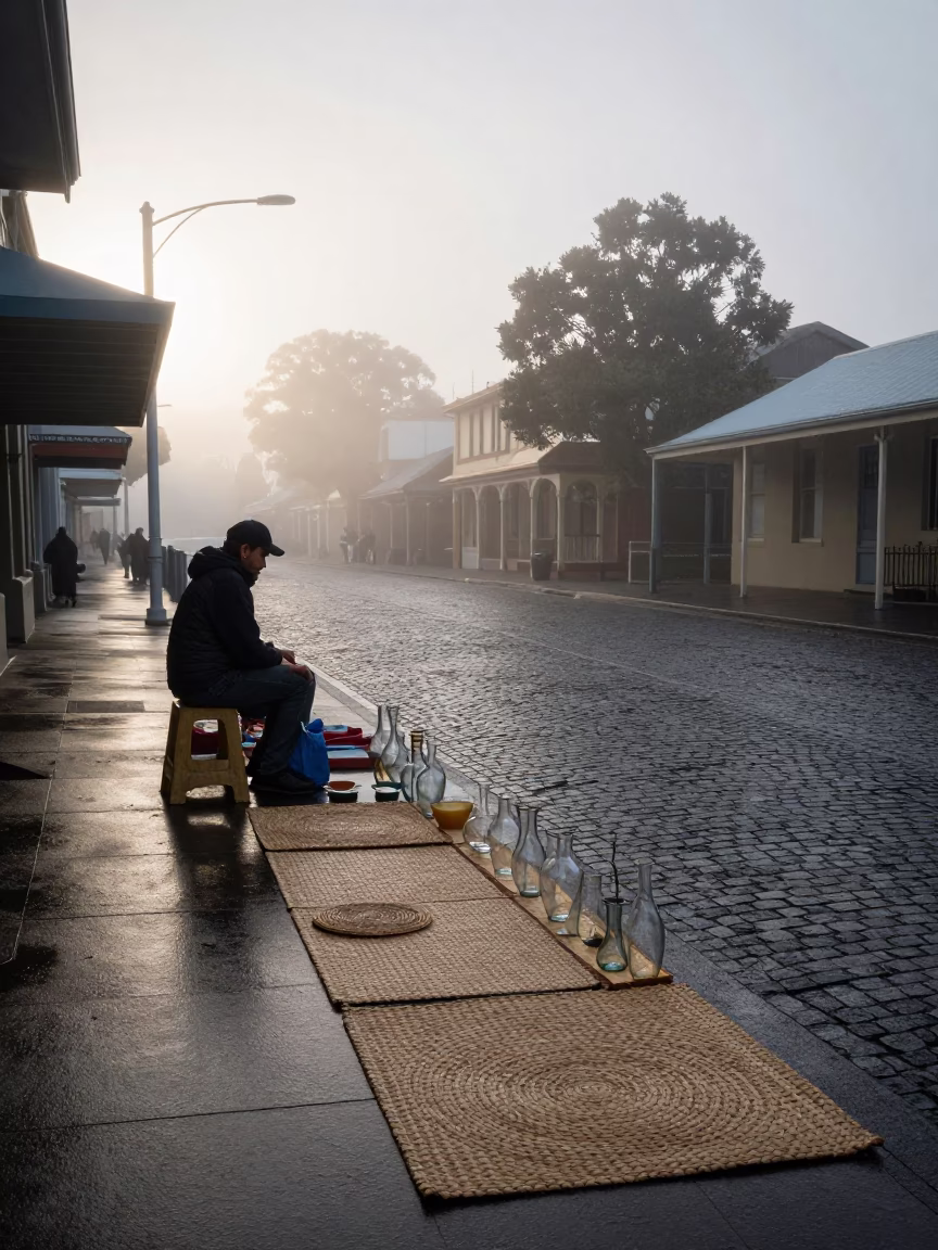 Misty Dawn Street Scene in Adelaide With Woven Mats and Glass Vases in in Adelaide, South Australia, Australia