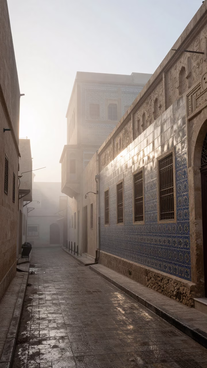 Misty Dawn Street Scene in Alexandria Egypt with Ceramic Tiles in in Alexandria, Egypt