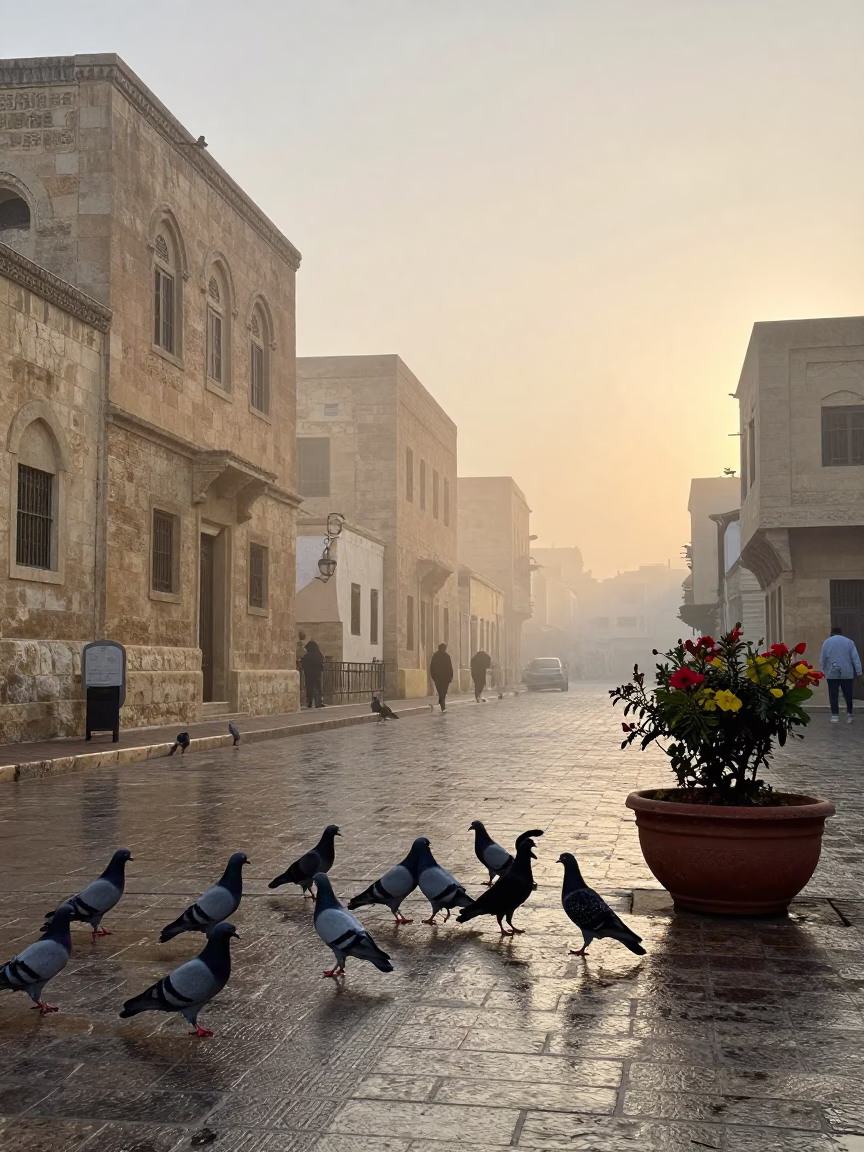 Misty Dawn Street Scene in Alexandria Egypt with Pigeons and Flowerpot in in Alexandria, Egypt