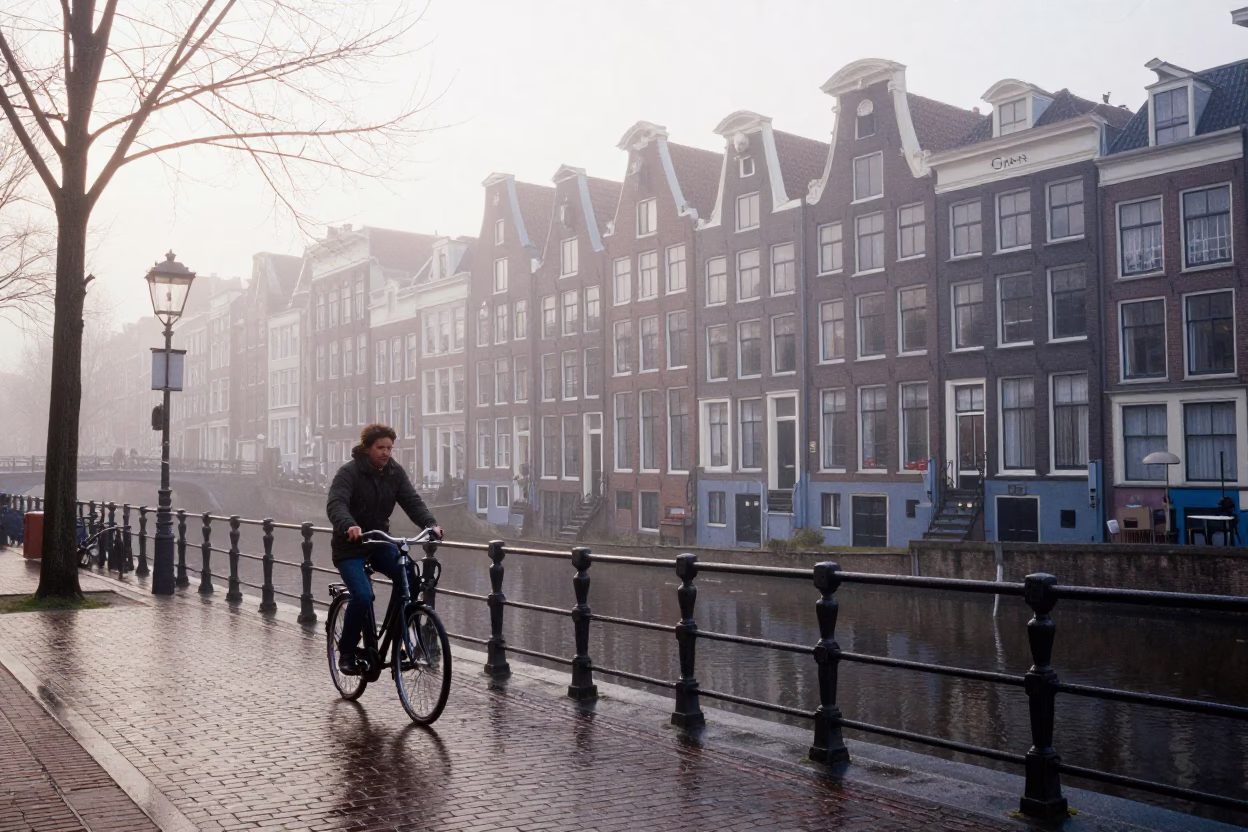 Misty Dawn Street Scene in Amsterdam with Bicycle and Canal in in Amsterdam, Netherlands