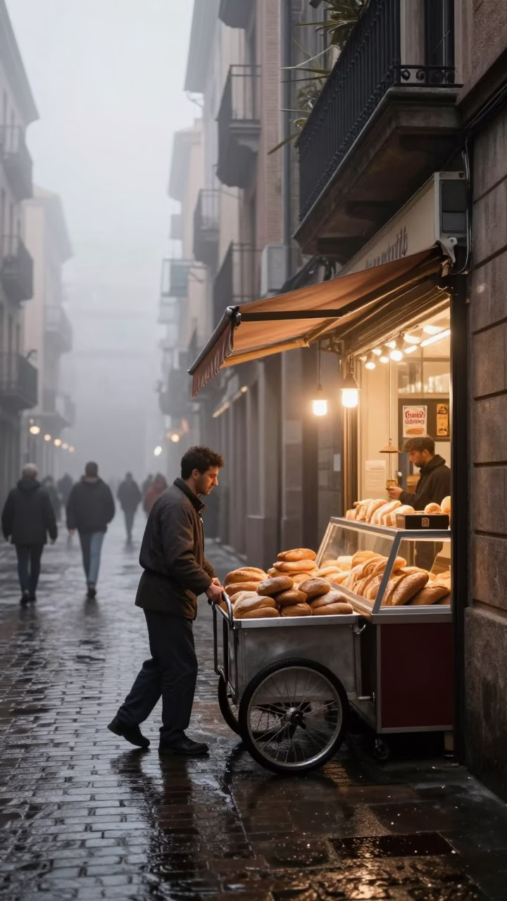 Misty Dawn Street Scene in Barcelona with Vintage Bakery Display in in Barcelona, Spain