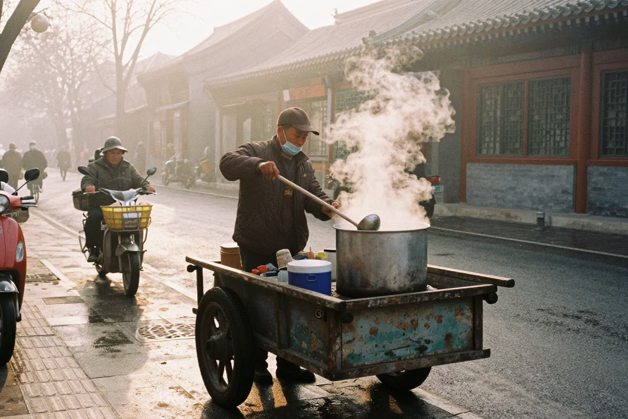 Misty Dawn Street Scene in Beijing with Ladle and Cooler Jug in in Beijing, China
