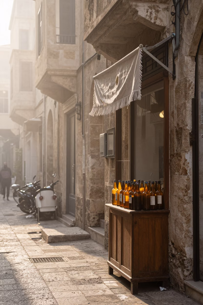 Misty Dawn Street Scene in Beirut With Linen Fringe and Glass Bottles in in Beirut, Lebanon
