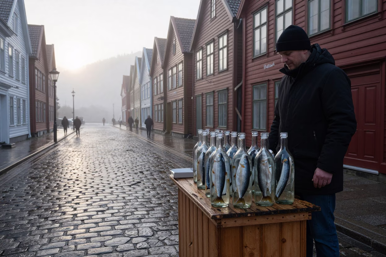Misty Dawn Street Scene in Bergen Norway with Glass Bottles in in Bergen, Norway