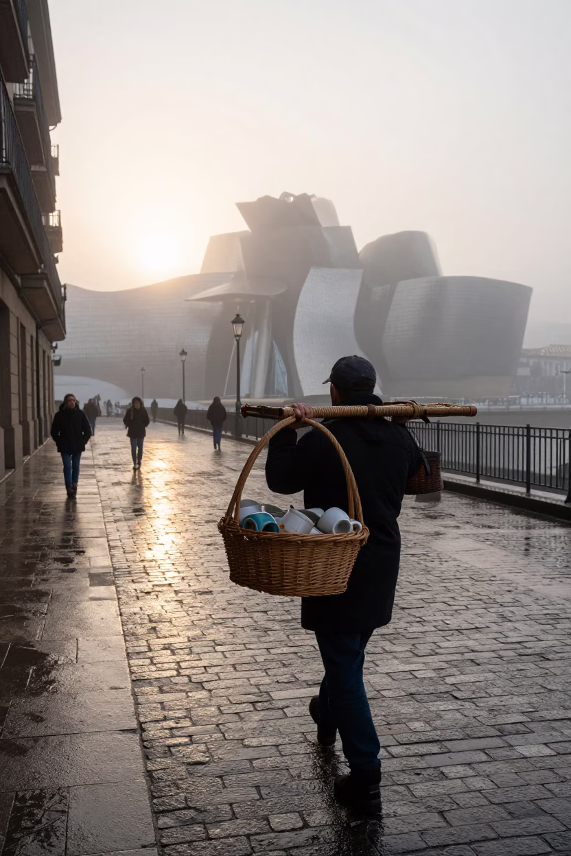 Misty Dawn Street Scene in Bilbao with Woven Cane and Ceramic Details in in Bilbao, Spain