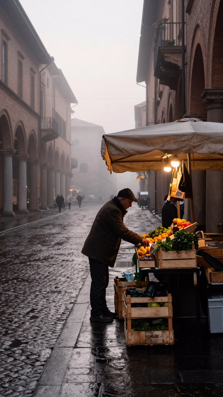 Misty Dawn Street Scene in Bologna Italy with Vintage Market Stall in in Bologna, Italy