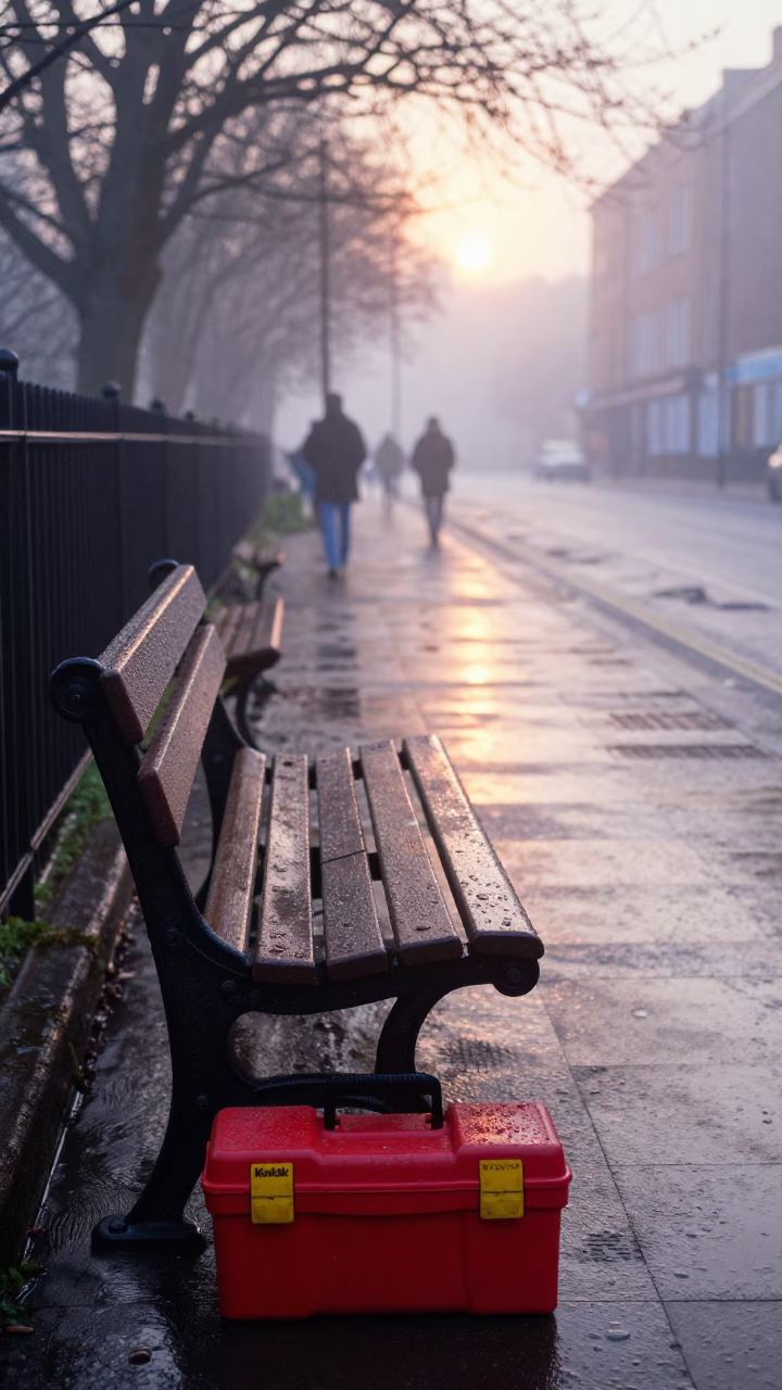 Misty Dawn Street Scene in Bristol UK with Park Bench and Toolbox in in Bristol, United Kingdom
