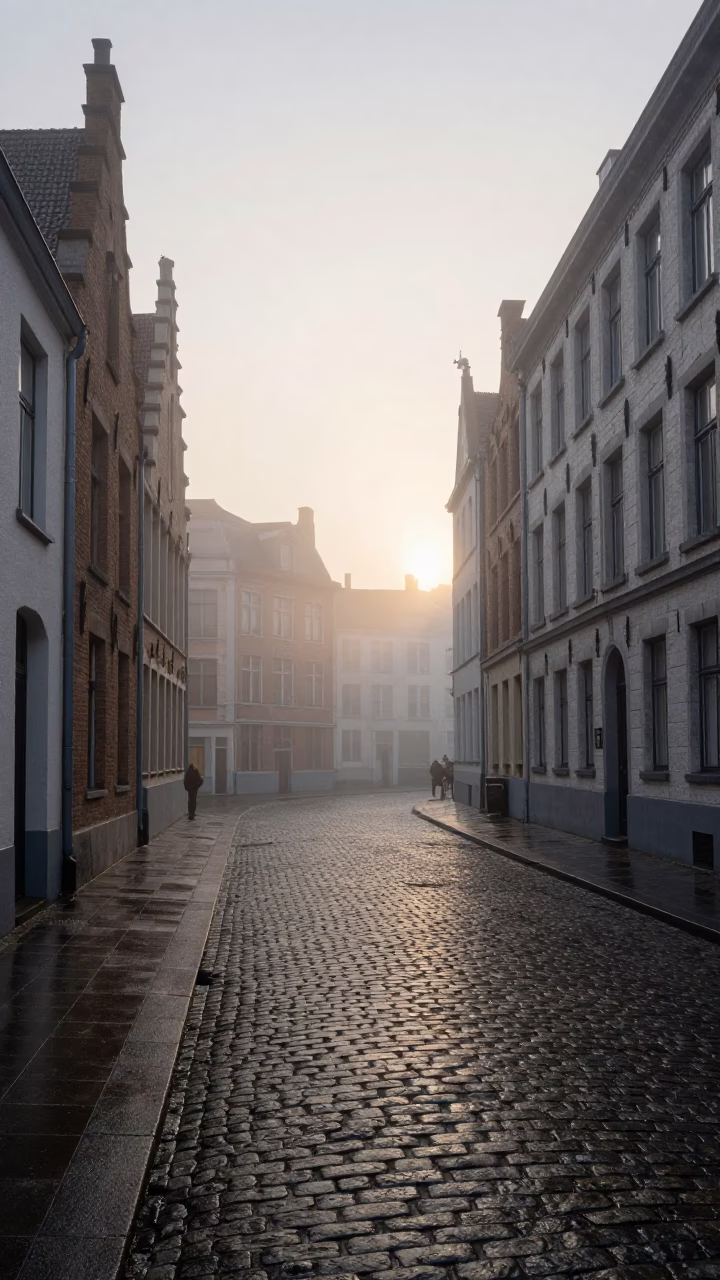 Misty Dawn Street Scene in Brussels Belgium with Cobblestones in in Brussels, Belgium