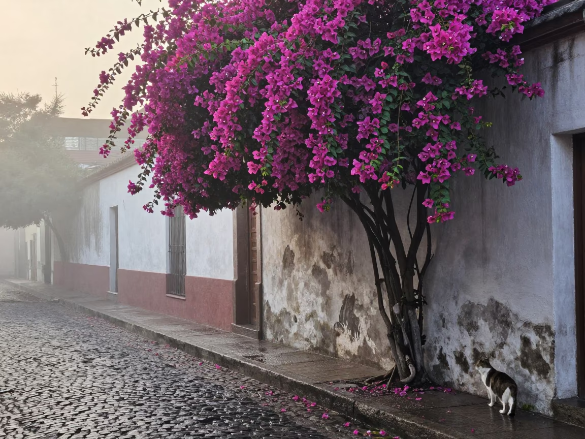 Misty Dawn Street Scene in Buenos Aires With Bougainvillea And Cat in in Buenos Aires, Argentina