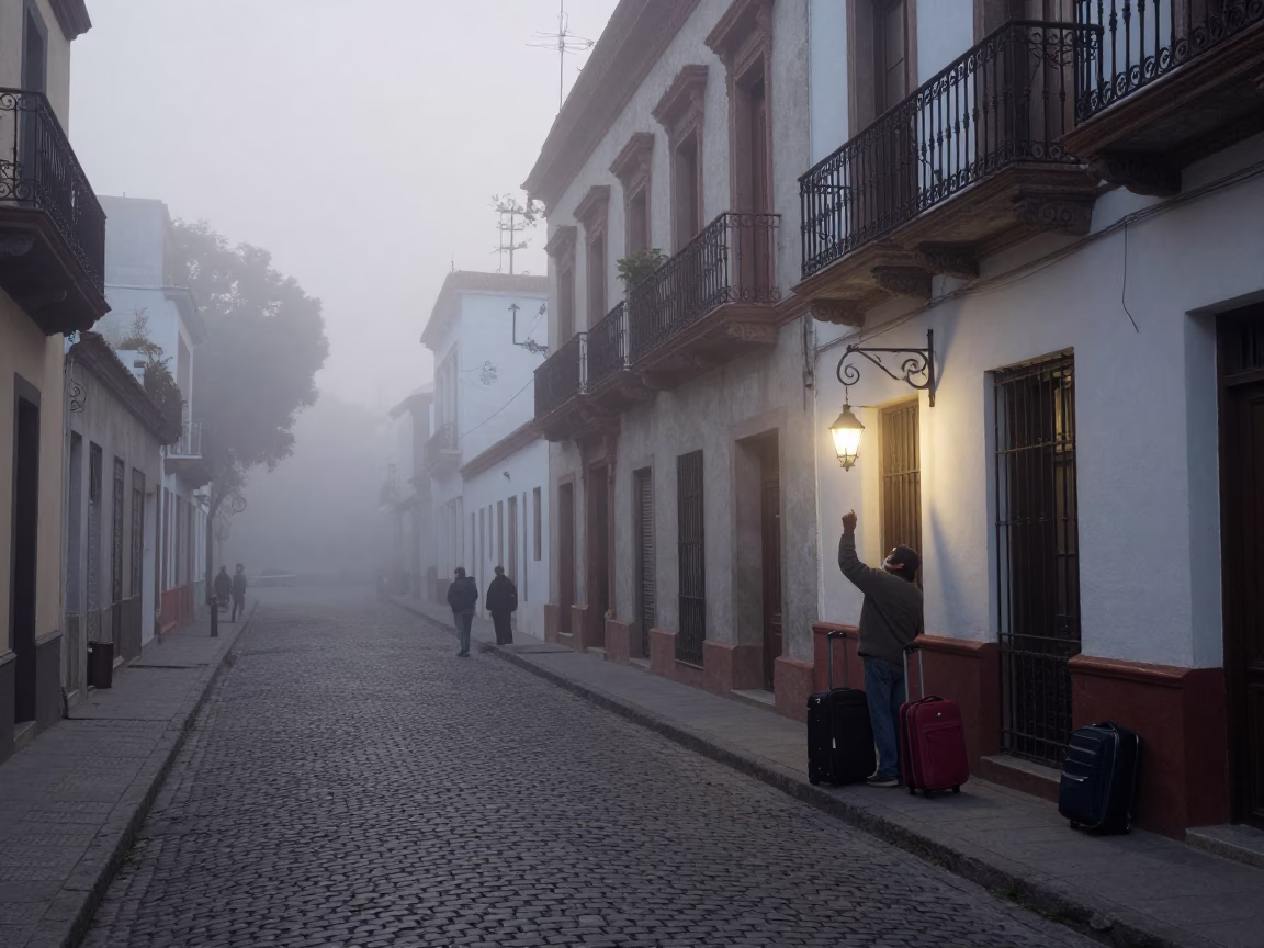 Misty Dawn Street Scene in Buenos Aires With Suitcases and Lantern in in Buenos Aires, Argentina