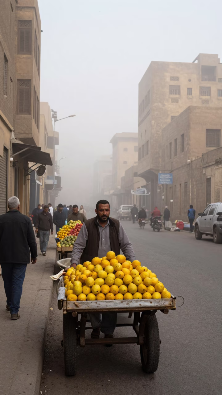 Misty Dawn Street Scene in Cairo Egypt with Morning Vendors in in Cairo, Egypt
