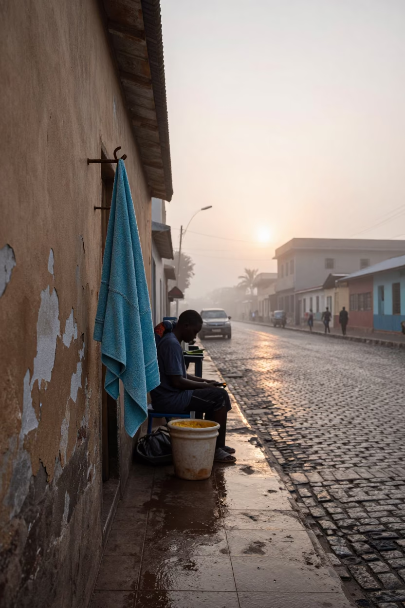 Misty Dawn Street Scene in Dakar with Local Vendor and Hanging Towels in in Dakar, Senegal