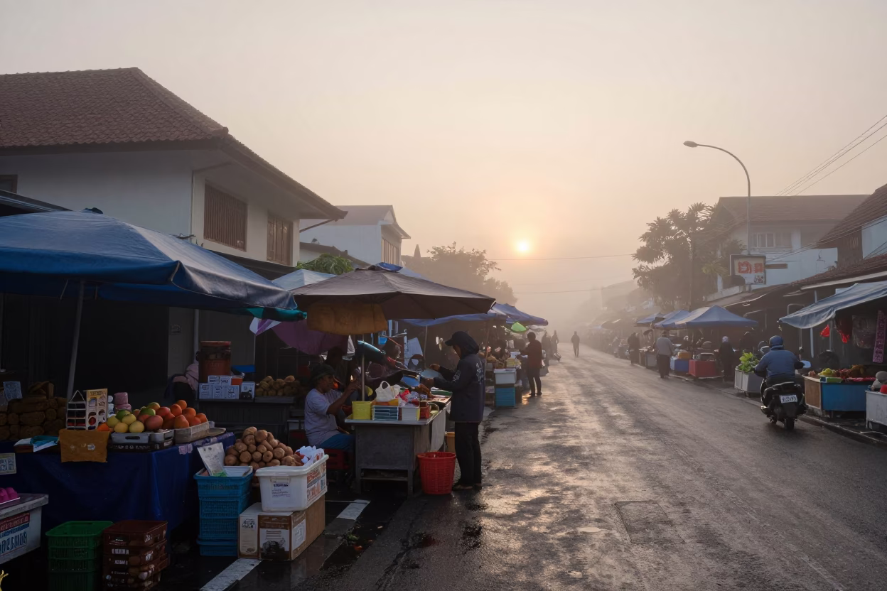 Misty Dawn Street Scene in Denpasar Indonesia with Local Market Activity in in Denpasar, Indonesia