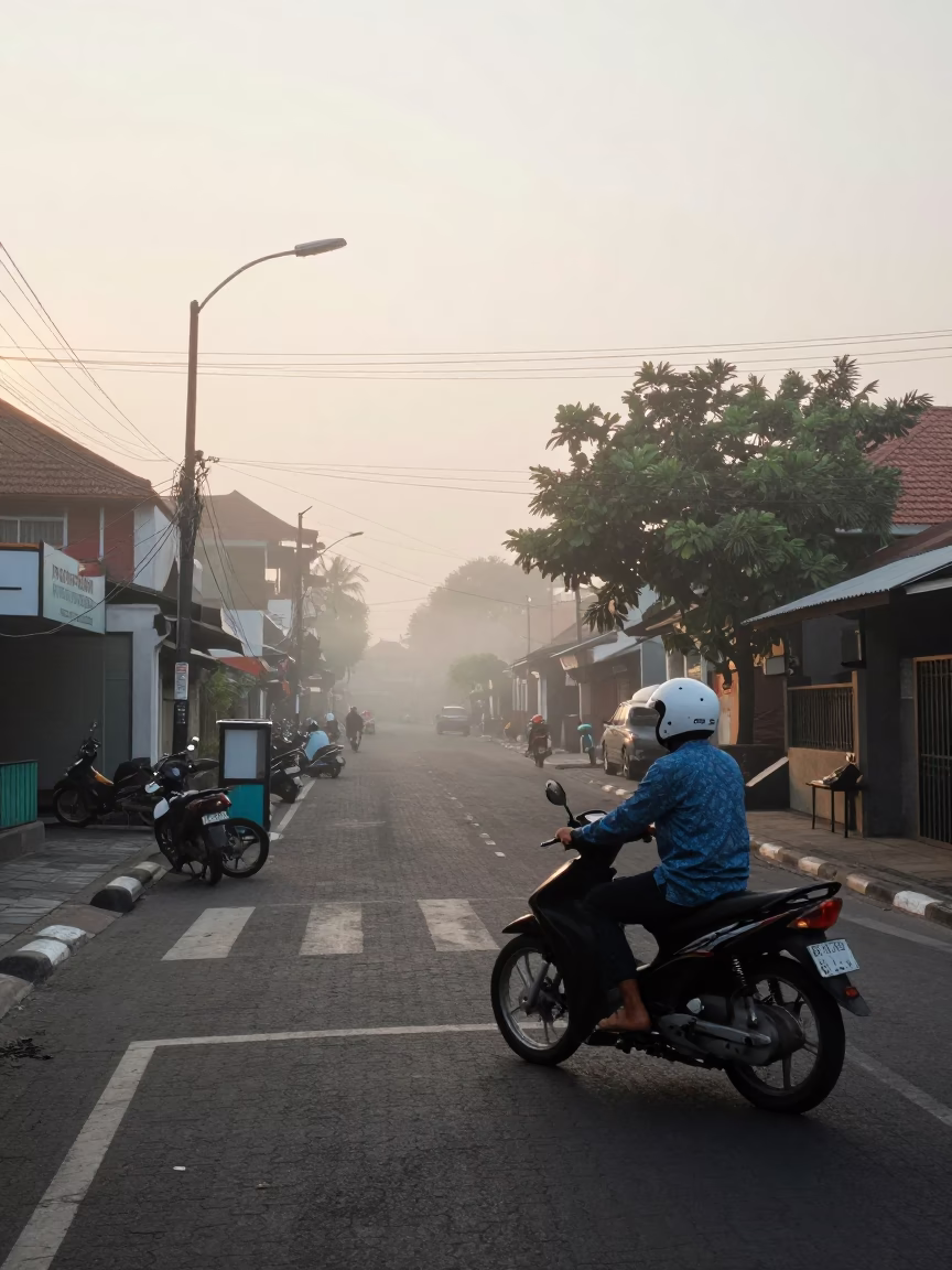 Misty Dawn Street Scene in Denpasar Indonesia with Local Morning Routine in in Denpasar, Indonesia