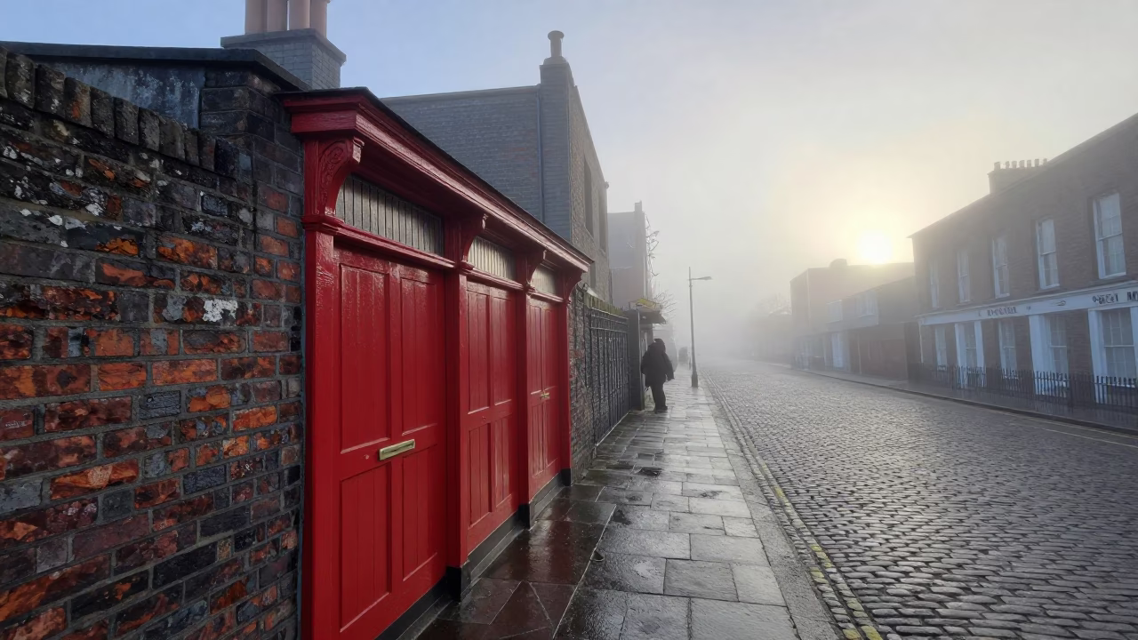 Misty Dawn Street Scene in Dublin Ireland with Red Lacquered Wood in in Dublin, Ireland