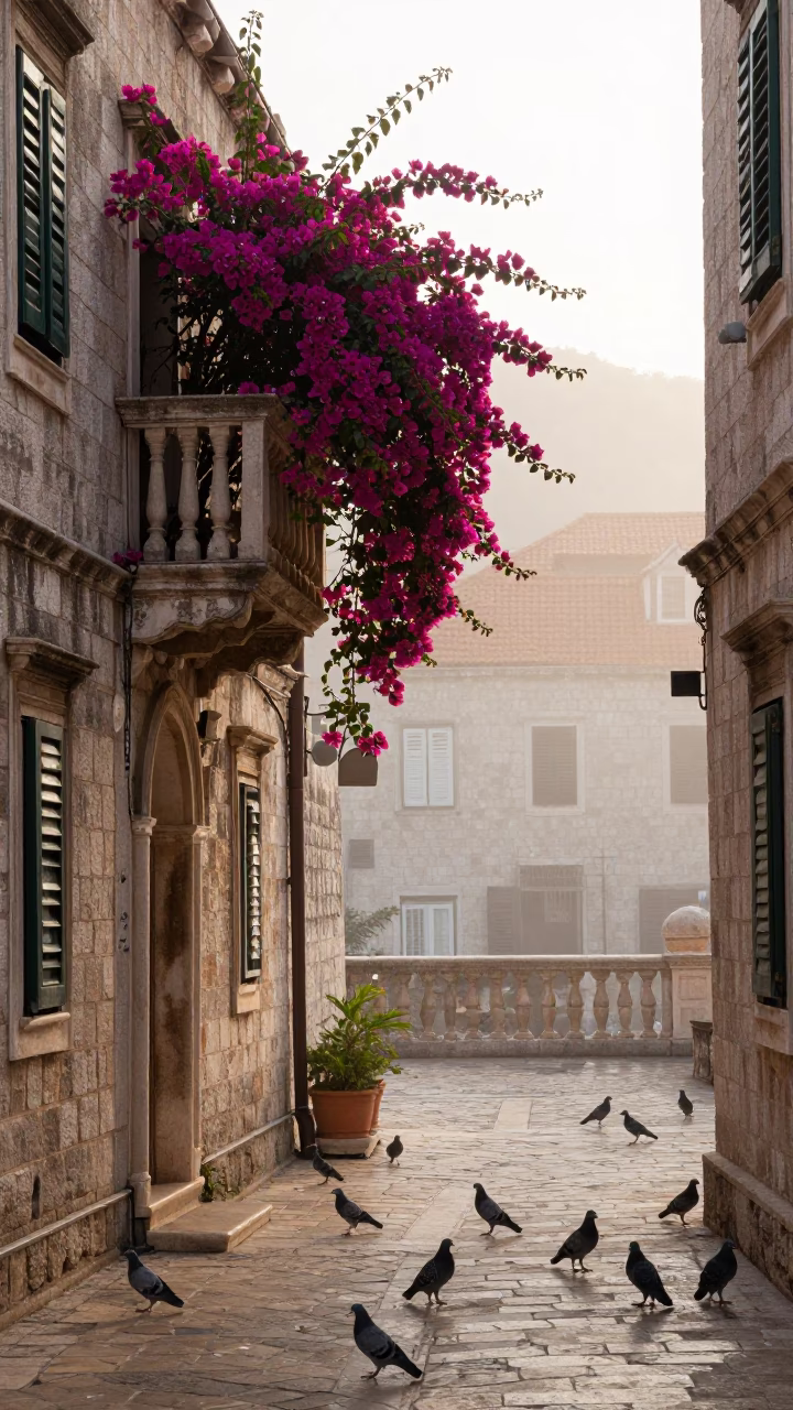 Misty Dawn Street Scene in Dubrovnik with Bougainvillea and Pigeons in in Dubrovnik, Croatia