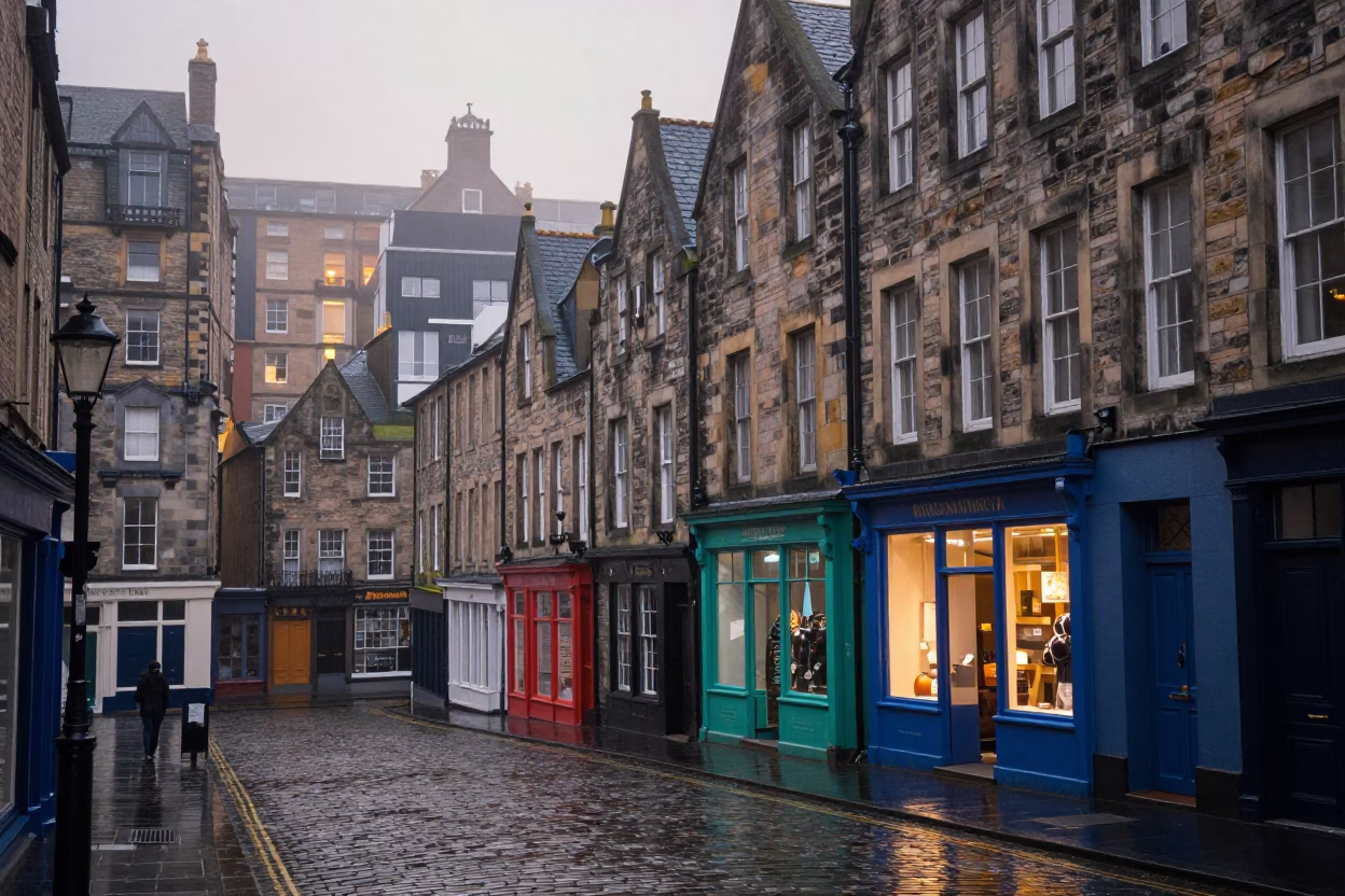 Misty Dawn Street Scene in Edinburgh With Colorful Details in in Edinburgh, United Kingdom