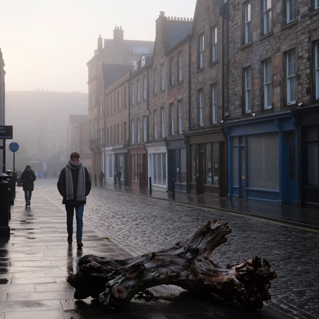 Misty Dawn Street Scene in Edinburgh With Driftwood and Scarf in in Edinburgh, United Kingdom