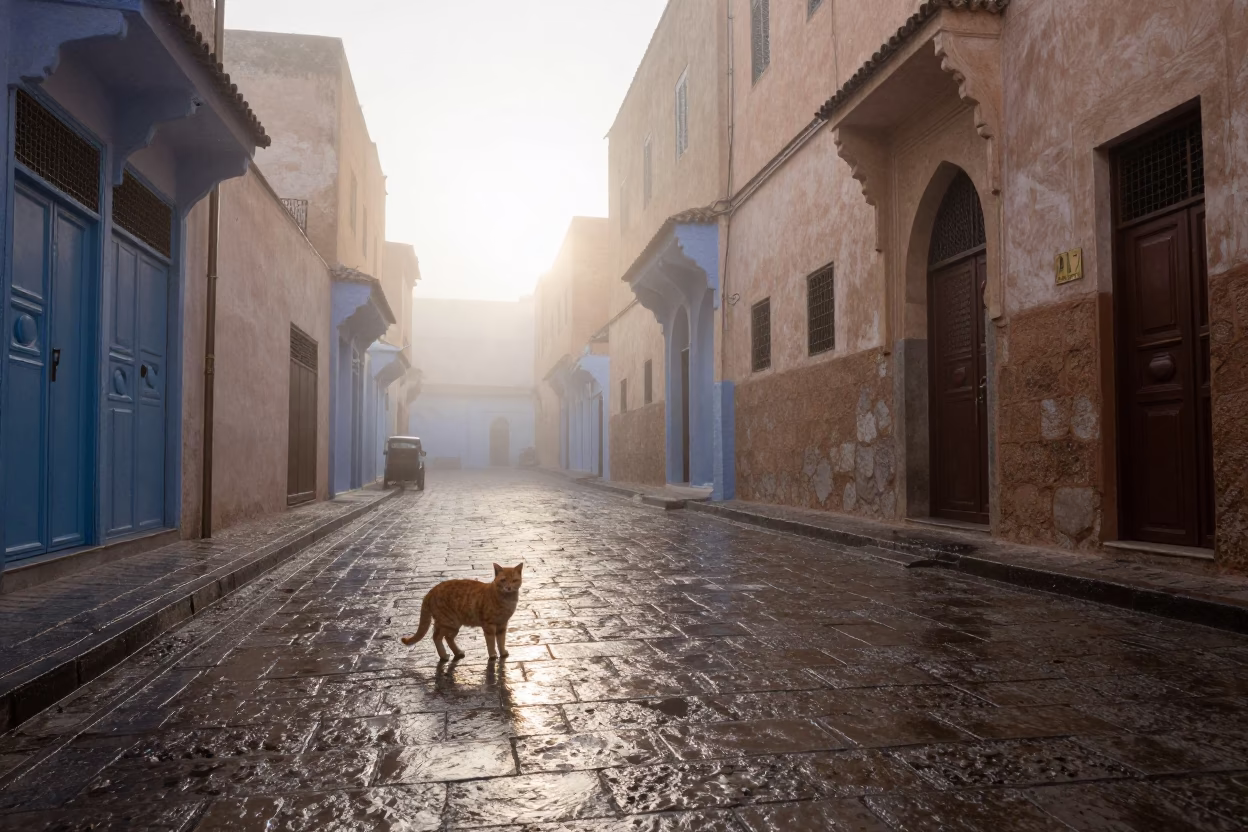 Misty Dawn Street Scene in Fez Morocco With Orange Cat in in Fez, Morocco