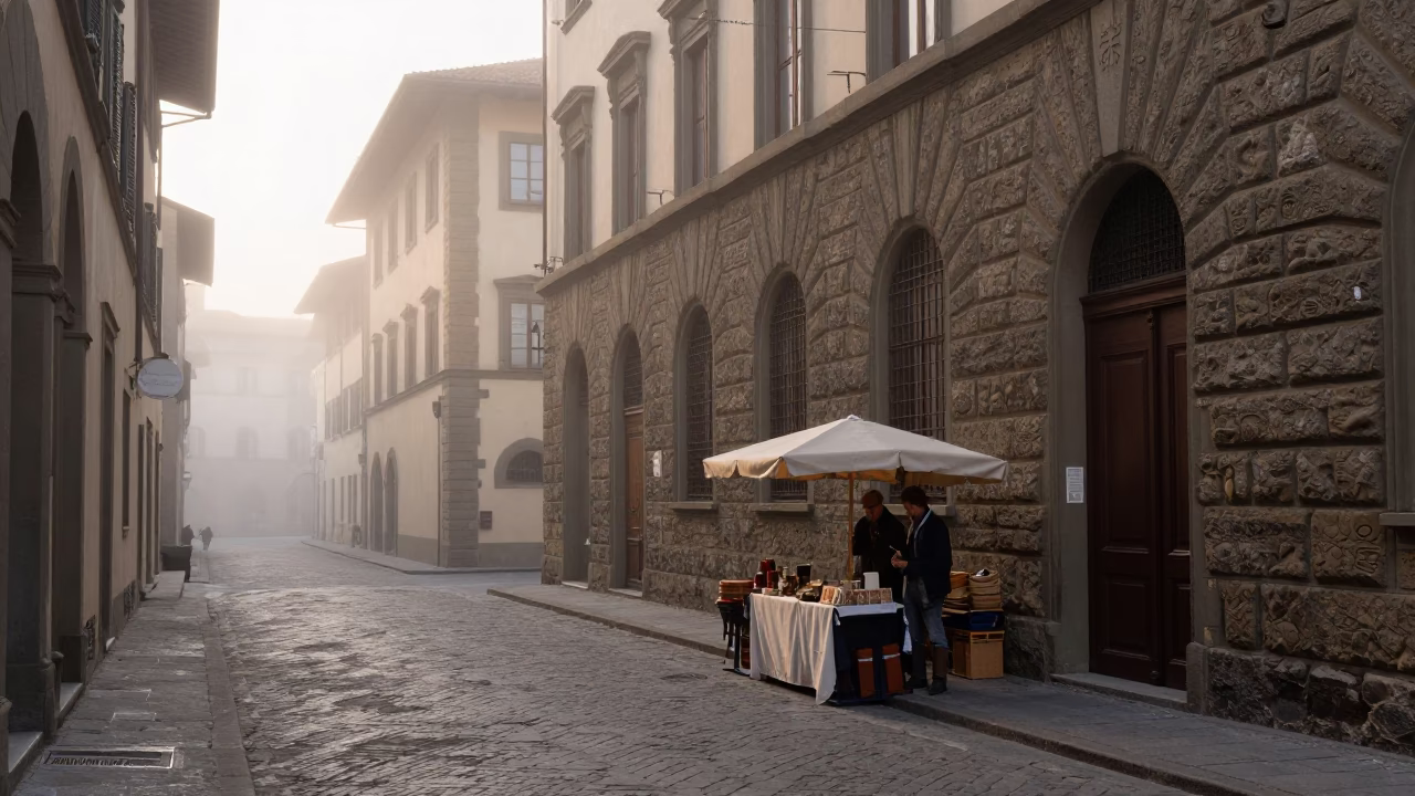 Misty Dawn Street Scene in Florence Italy with Local Vendor in in Florence, Italy