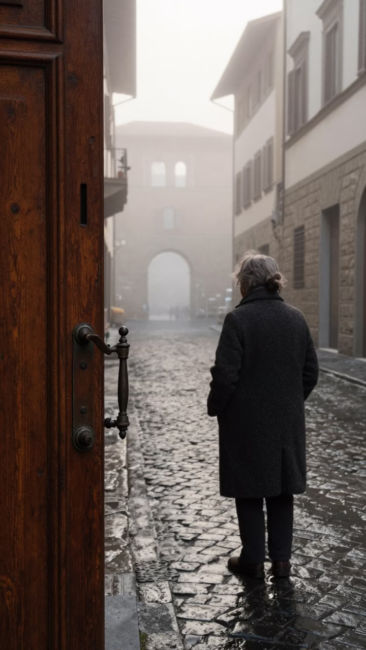 Misty Dawn Street Scene in Florence With Vintage Door Handle in in Florence, Italy