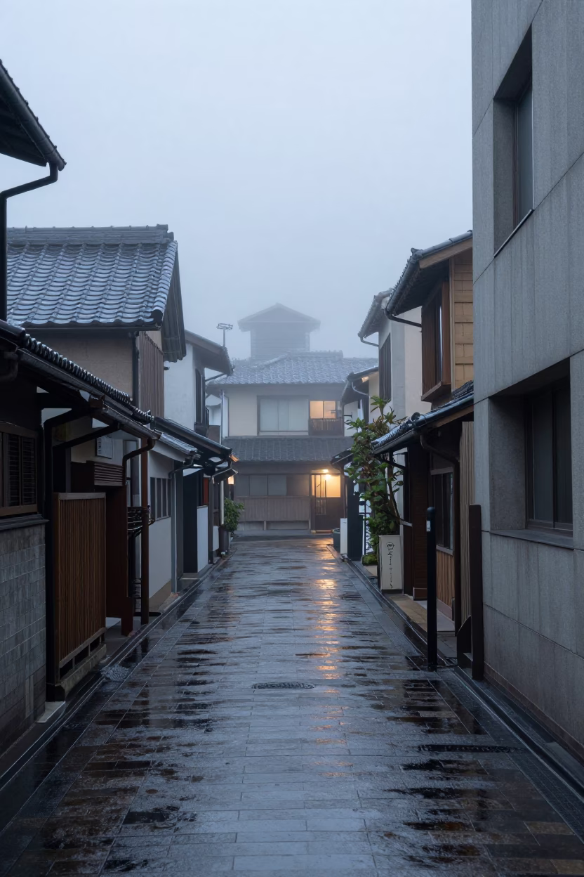 Misty Dawn Street Scene in Fukuoka Japan with Glossy Enamel Surfaces in in Fukuoka, Japan
