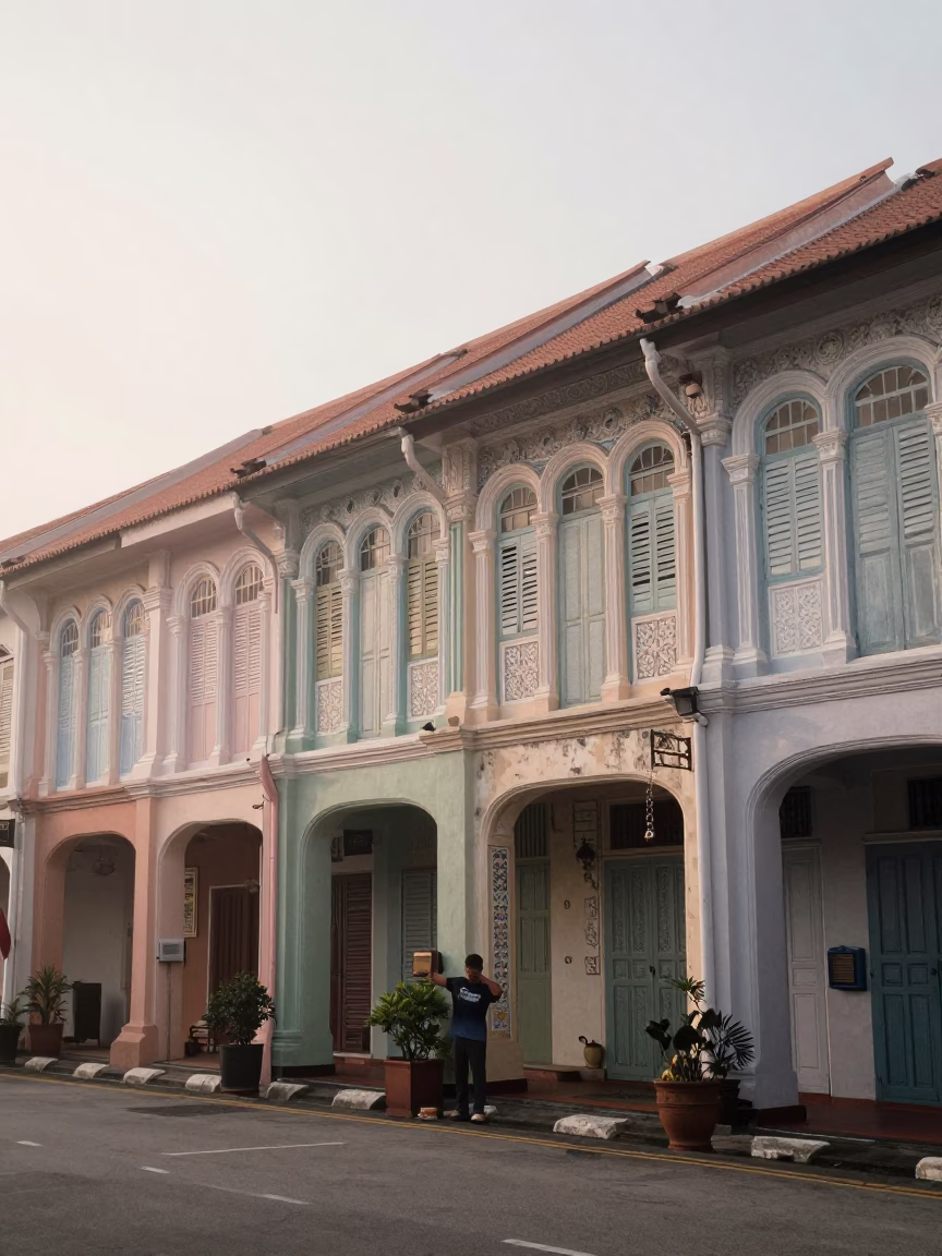 Misty Dawn Street Scene in George Town Malaysia with Vintage Radio in in George Town, Malaysia