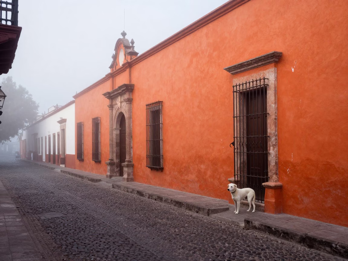 Misty Dawn Street Scene in Guadalajara With White Dog and Gate Handle in in Guadalajara, Mexico