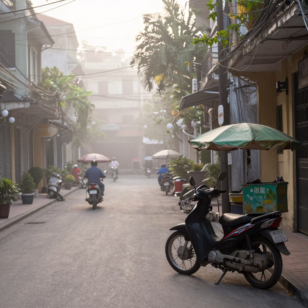 Misty Dawn Street Scene in Hanoi Vietnam with Motorbike and Vendor in in Hanoi, Vietnam
