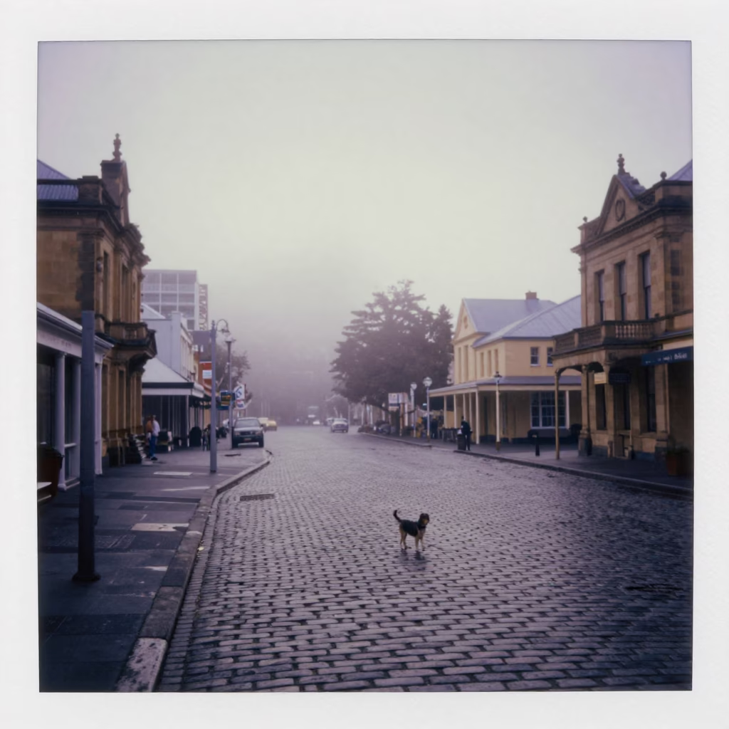 Misty Dawn Street Scene in Hobart Tasmania with Local Elements in in Hobart, Tasmania, Australia