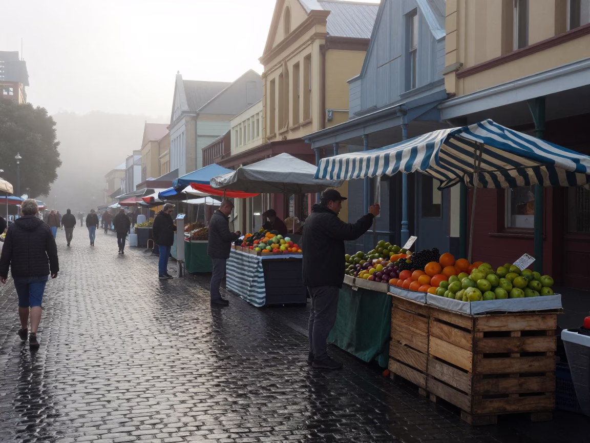 Misty Dawn Street Scene in Hobart Tasmania With Local Market Stalls in in Hobart, Tasmania, Australia